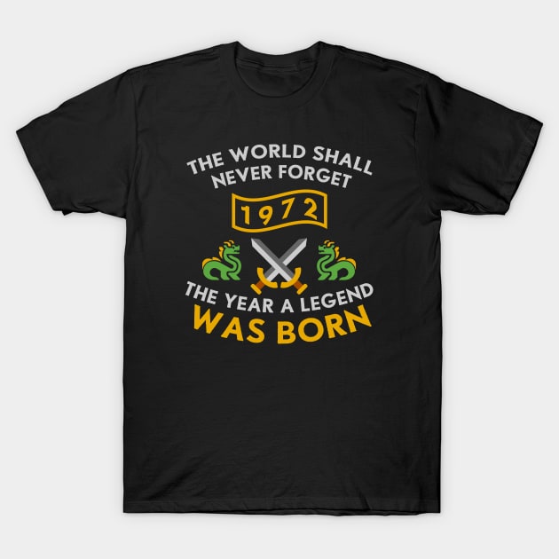 1972 The Year A Legend Was Born Dragons and Swords Design (Light) T-Shirt by Graograman